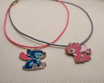Stitch and Angel kissing set. Wax cord necklace. 19 inch. Two necklace set.