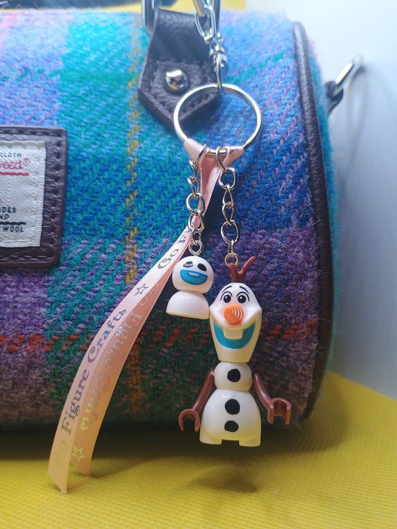 Puede incluir: Un llavero plateado con dos colgantes: un mu&ntilde;eco de nieve sonriente y una peque&ntilde;a figura blanca con una cara azul. El llavero est&aacute; sujeto a un bolso de tweed azul, morado y verde. Tambi&eacute;n hay una cinta rosa con texto.