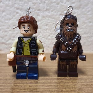 May include: A pair of Lego Star Wars character earrings. The earrings feature Han Solo and Chewbacca. The earrings are made of plastic and have silver earring hooks.