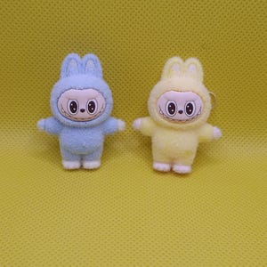 Labubu inspired, Bunny monster, blue and yellow, minifigures earrings.