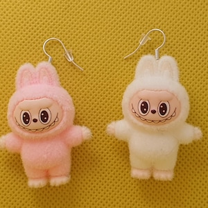 Labubu inspired, Bunny monster, white and pink, minifigures earrings.