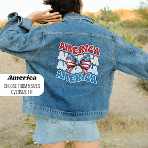 Oversized Denim Jacket: 4th of July American Flag Bow