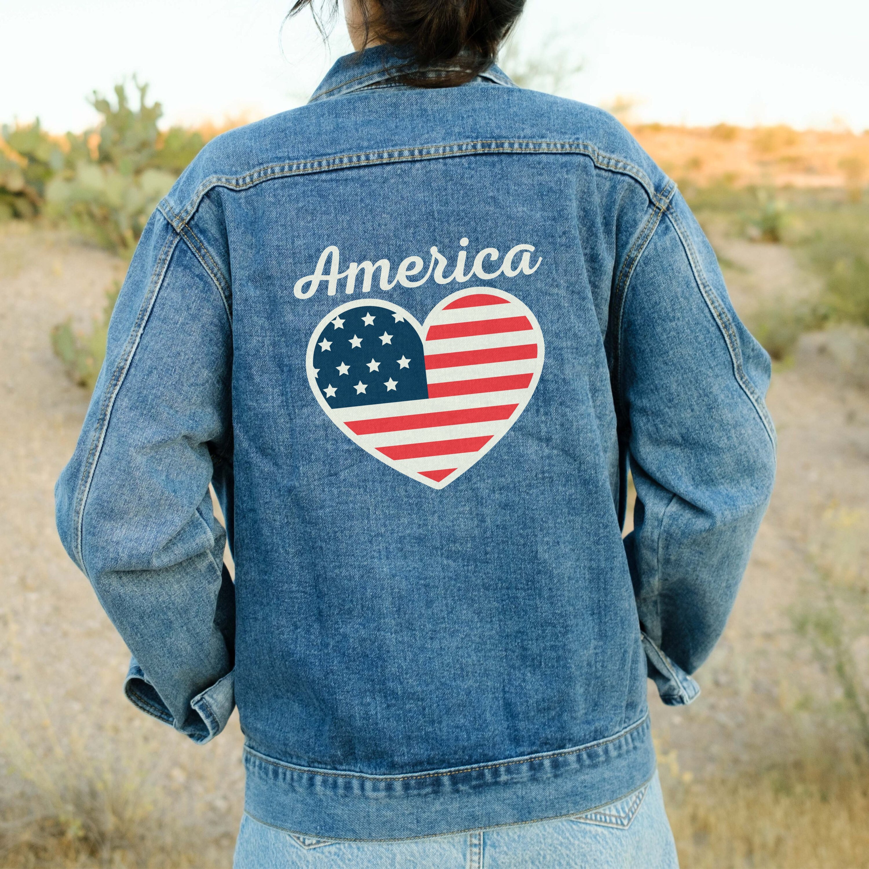 Oversized Denim Jacket: Patriotic American Flag Heart, 4th of July