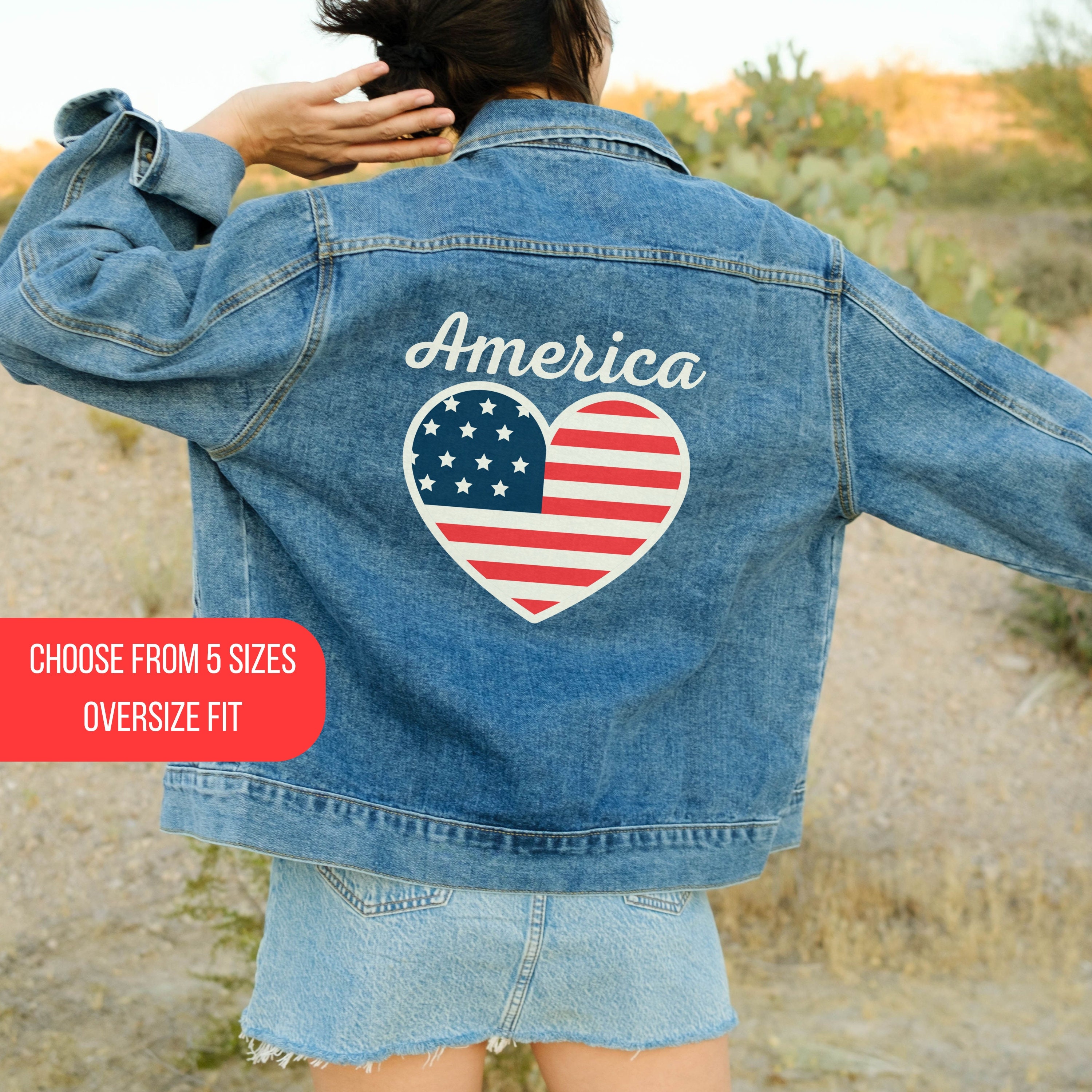 Oversized Denim Jacket: Patriotic American Flag Heart, 4th of July