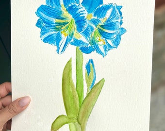Fleur bleue | Art original aquarelle 20 x 9,5 pouces