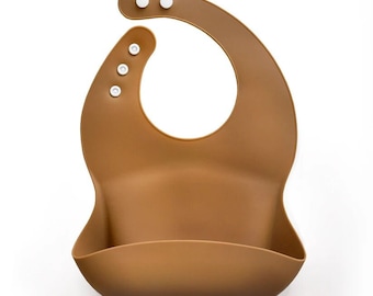 Silicone bibs for babies and toddlers - Silicone Bibs for Babies with Front Pocket Food Catcher - Silicone Baby Bib with Snaps - Camel