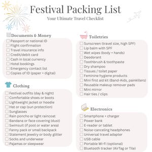 Festival-inpaklijst | Afdrukbare pdf-checklist voor muziekfestivals, campings en evenementen | Reisbenodigdheden | Direct downloaden
