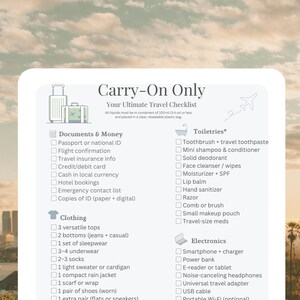 Inpaklijst voor handbagage – Minimalistische afdrukbare checklist PDF-essentieel voor licht reizen