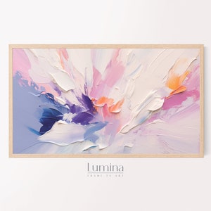 May include: Abstract painting in a wooden frame with a pink, purple, blue, and white color scheme. The painting is titled "Lumina Frame Art".