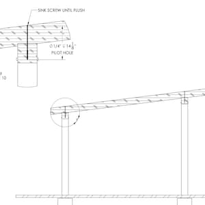 May include: A black and white line drawing of a roof detail with a 1/4" diameter pilot hole. The drawing shows a sink screw that is to be screwed until flush. The drawing is labeled "DETAIL F" and "SCALE 1:10".