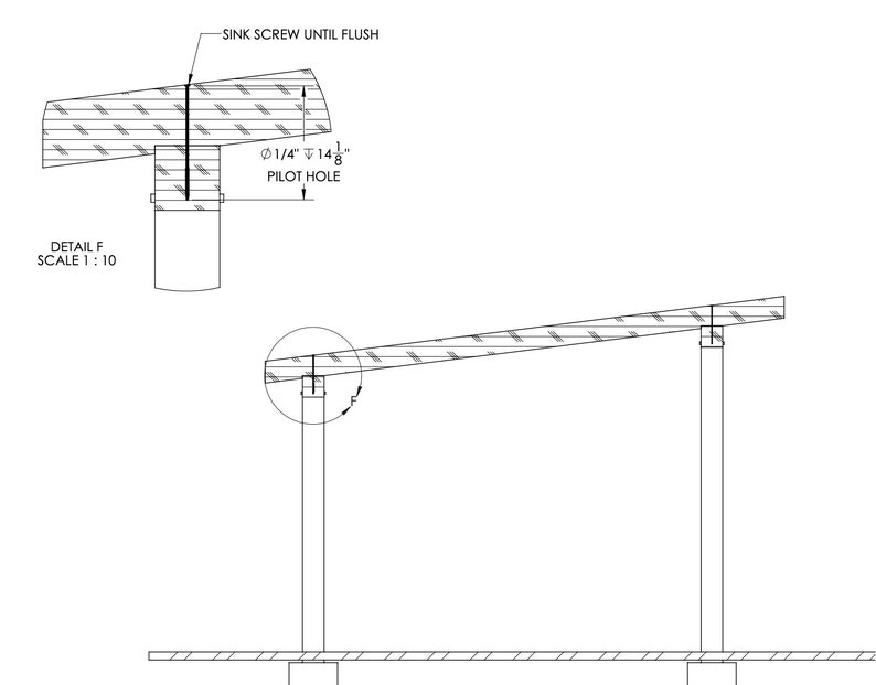 May include: A black and white line drawing of a roof detail with a 1/4" diameter pilot hole. The drawing shows a sink screw that is to be screwed until flush. The drawing is labeled "DETAIL F" and "SCALE 1:10".