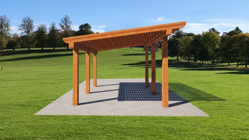 May include: A wooden pergola with a slatted roof and four supporting posts. The pergola is set on a gray patio in a grassy area with trees in the background.