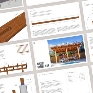 May include: A detailed plan for building a wooden gazebo, with illustrations and dimensions. The plan includes a materials list and instructions for constructing the roof, beams, and posts. The plan is titled "Mateo's Gazebo Plan".