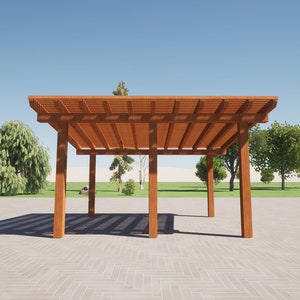 May include: A wooden pergola with a slatted roof and four supporting posts. The pergola is standing on a paved surface.