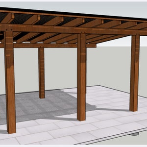 May include: A wooden pergola with a slatted roof and six supporting posts. The pergola is standing on a gray tiled patio.