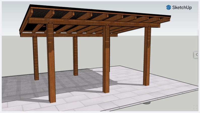 May include: A wooden pergola with a slatted roof and six supporting posts. The pergola is standing on a gray tiled patio.