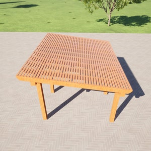May include: A wooden pergola with a slatted roof, viewed from an angled perspective. The pergola is standing on a brick patio.