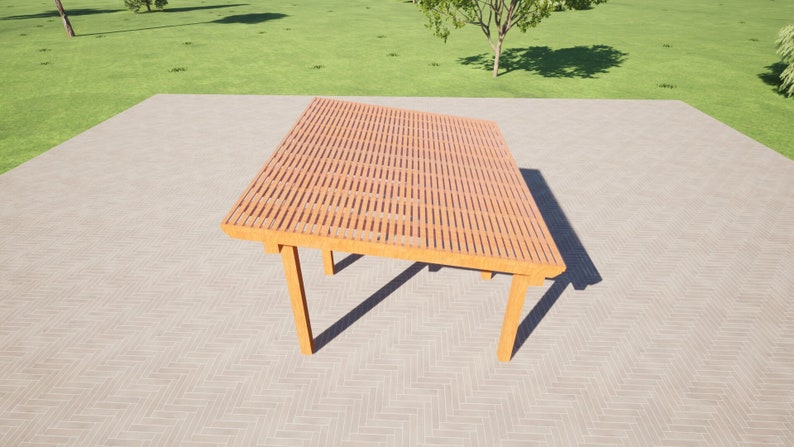 May include: A wooden pergola with a slatted roof, viewed from an angled perspective. The pergola is standing on a brick patio.