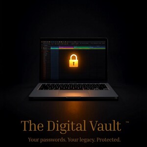 May include: A laptop with a glowing lock icon on the screen, set against a dark background. The text "The Digital Vault" and the tagline "Your passwords. Your legacy. Protected." are displayed below the laptop.