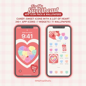 Op de afbeelding: Twee smartphones met een app-icoonpakket en achtergronden met Valentijnsthema. De schermen tonen snoephart-iconen en widgets met zinnen als "Kiss Me" en "Love You". De bovenste banner luidt "For My Sweetheart".
