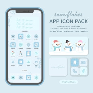 May include: A blue and white phone screen mockup with a winter theme. The screen shows a grid of app icons with snowflakes, snowmen, and the text "let it snow". The phone is surrounded by a blue background with snowflakes and the text "snowflakes APP ICON PACK Celebrate with Snowflakes. Christmas iOS Icons & iPhone Wallpapers 240 APP ICONS | 8 WIDGETS | 6 WALLPAPERS".
