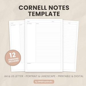 Puede incluir: Plantilla de notas Cornell blanca con el texto "CORNELL NOTES TEMPLATE" en la parte superior. La imagen muestra tres plantillas diferentes, con el texto "12 VERSIONS INCLUDED" en un círculo. La parte inferior de la imagen dice "A4 & US LETTER • PORTRAIT & LANDSCAPE • PRINTABLE & DIGITAL".