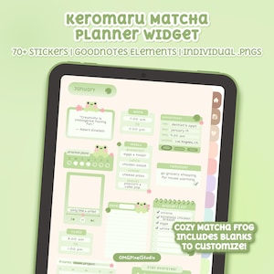 Op de afbeelding: Een digitale plannerwidget weergegeven op een tablet, met een matcha groene kleurstelling. De planner bevat secties voor werk, maaltijden, herinneringen en een boodschappenlijst. De tekst op het scherm luidt "keromaru matcha Planner Widget".