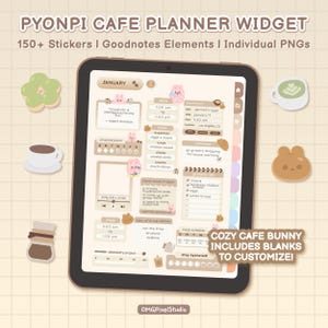 May include: Digital planner widget with a cozy cafe theme. The tablet displays a planner layout with stickers, Goodnotes elements, and individual PNGs. Includes a bunny design and customizable blanks. The text reads "PYONPI CAFE PLANNER WIDGET".