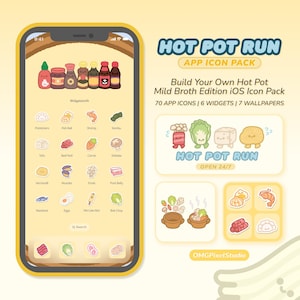 Könnte beinhalten: Ein Handy-Bildschirm zeigt ein "Hot Pot Run" App-Icon-Paket. Das Design zeigt Cartoon-Illustrationen von Hot-Pot-Zutaten und -Symbolen. Der Text lautet "Build Your Own Hot Pot Mild Broth Edition iOS Icon Pack".