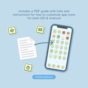 May include: A blue smartphone with a white screen displaying a grid of colorful app icons. The icons are stylized and feature cute animal characters. A white sheet of paper with lines on it is being moved towards the phone with an arrow. The text "OMG PixelStudio" is at the bottom of the image.