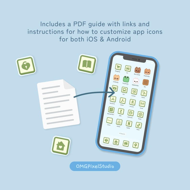 May include: A blue smartphone with a white screen displaying a grid of colorful app icons. The icons are stylized and feature cute animal characters. A white sheet of paper with lines on it is being moved towards the phone with an arrow. The text "OMG PixelStudio" is at the bottom of the image.