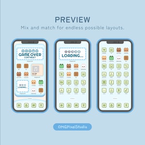 May include: A preview of a phone screen with a customizable home screen layout. The screen shows a variety of app icons, including a frog, a bear, a dog, a rabbit, a shopping cart, a car, a bus, a contact, a house, a book, a music note, a game controller, and more. The screen also shows a loading bar and the text "GAME OVER CONTINUE?" and "LOADING..."