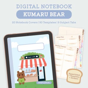 Kumaru Bear Digital Notebook, Cute Notebook with Hyperlinked Tabs, Digital Planner Journal for GoodNotes, Noteshelf, and Notability