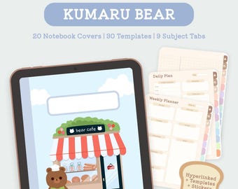 Cuaderno digital de oso Kumaru, bonito cuaderno con pestañas con hipervínculos, agenda digital para GoodNotes, Noteshelf y Notability.