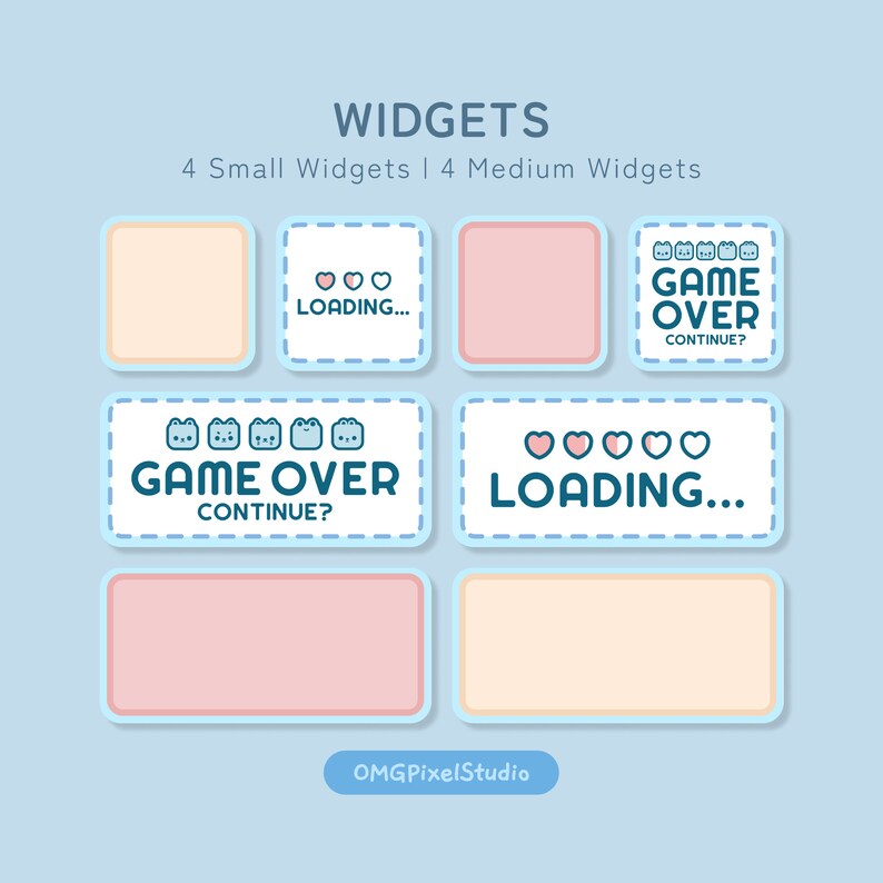 May include: A set of eight digital widgets for social media, featuring a blue and white color scheme with a pink and beige background. The widgets include the text "GAME OVER" and "LOADING..." with cute icons of hearts and cats.