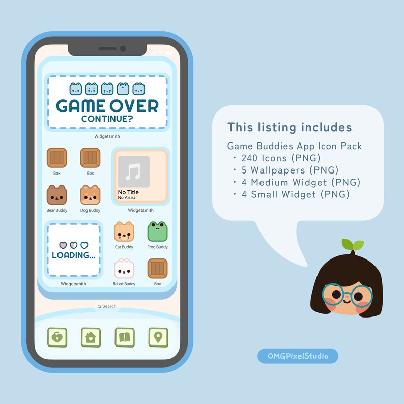 May include: A phone screen displaying a game over screen with a loading animation. The screen also shows a variety of icons and widgets. The text on the screen reads "GAME OVER CONTINUE?" and "LOADING..." The text on the phone screen is in a white font. The phone screen is surrounded by a white border. The background is a light blue color. The text "This listing includes" is in a white font and is surrounded by a white speech bubble. The text below the speech bubble reads "OMG PixelStudio".