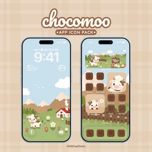 May include: Two smartphones displaying a digital app icon pack titled chocomoo. The screens feature a light blue and green landscape with brown mountains, a small house, and cartoon cows. The icons are brown with white cow-themed graphics.
