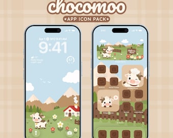 Paquete de iconos de la aplicación Chocomoo Chocolate Candy / Tema de vaca adorable para iPhone / Iconos de iOS + Fondos de pantalla para iPhone y Apple Watch