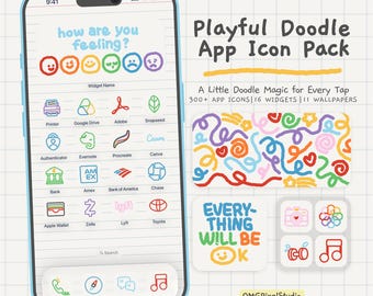 Tema estético de cuaderno de garabatos divertidos: iconos de iOS, tema kawaii dibujado a mano, widgets y fondos de pantalla adorables.