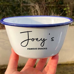 Custom &quot;Name&#39;s&quot; Famous Snack Personalised Enamel Bowl | Custom Enamel Kids Cereal Bowl | 16cm Breakfast Bowl | Gift Bowl For Dad, Daddy Bowl