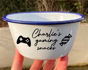 Benutzerdefinierte Name Gaming Snacks Schüssel | Individuelle Emaille Kinder Schüssel | 16cm Schüssel/Puddingschüssel | Geschenkschale für Sohn, Kinder, Jugendliche und Gamer!