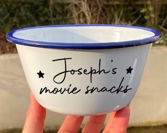 Custom Name Popcorn Bowl | Movie Snacks, Movie Night, Personalised Enamel Bowl | 16cm Kids Snack Bowl | Gaming Film Night, Family Gift Idea