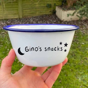 Custom &quot;Name&#39;s&quot; Snacks Personalised Enamel Bowl | Custom Enamel Kids Cereal Bowl | 16cm Breakfast Bowl | Gift Bowl For Dad, Daddy Bowl