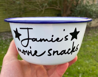 Custom Name Movie Snacks Bowl | Popcorn, Movie Night, Personalised Enamel Bowl | 16cm Snack Bowl | Gaming Film Night Novelty Gift Idea Fun