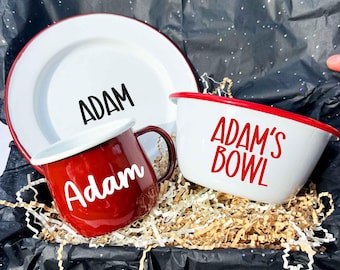Personalised Enamel Set | 20cm Plate, 16cm Bowl, 400ml Mug | Enamelware, Personalised Dinnerware Set, Kids Dinner Set, Child Dinner Set