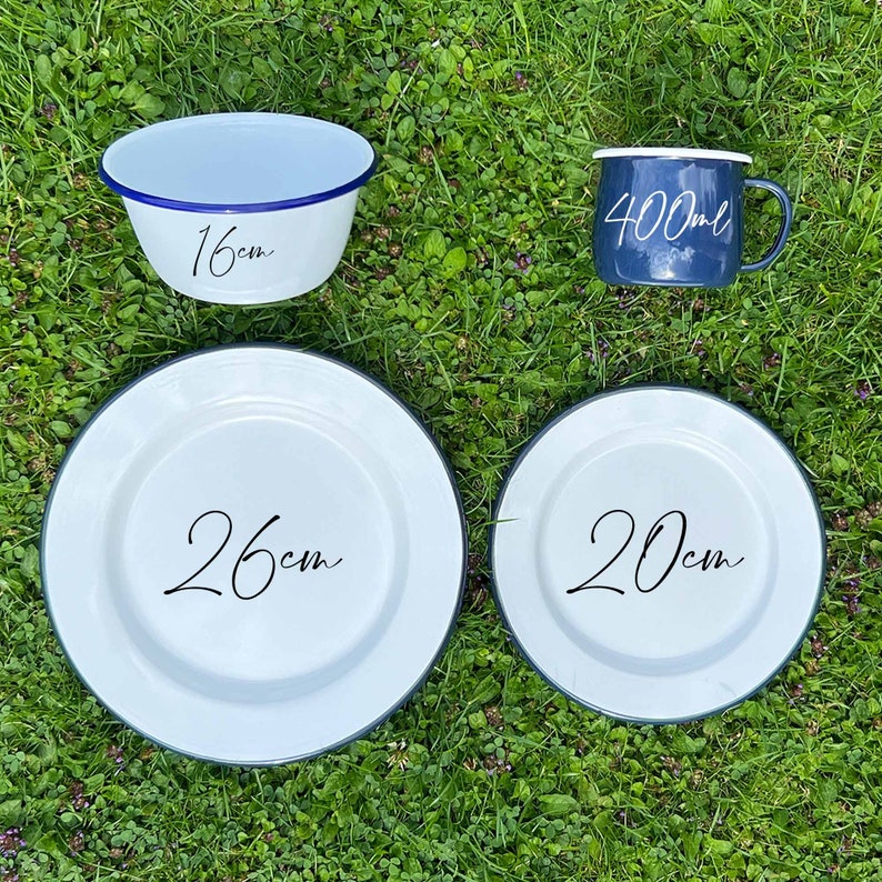 Personalised 4 Piece Enamelware Set | 20 & 26cm Plates, 16cm Bowl ...