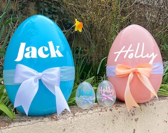 Jättepåskägg och miniäggset, personliga jumbopåskägg, söt påskäggskorg, ihåliga jumbopåskägg i plast med anpassad text