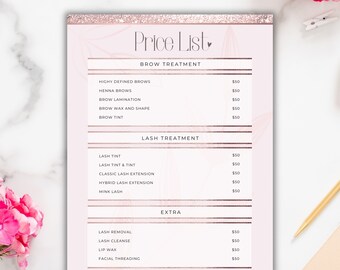 Plantilla de Lista de Precios, Diseño Oro Rosa, Branding Empresarial, Papelería Rosa, Editable en Canva, Peluquería, Salón de Manicura, Pestañas, Masaje