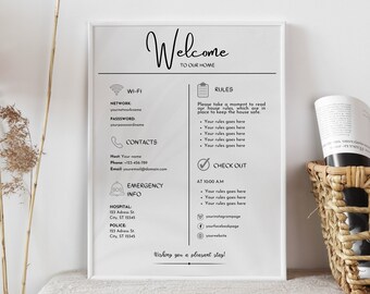 May include: A framed welcome sign with the text "Welcome to Our Home" in a stylish font. The sign includes sections for Wi-Fi, contacts, emergency info, house rules, and check-out details. The sign is displayed near a woven basket and dried plants.