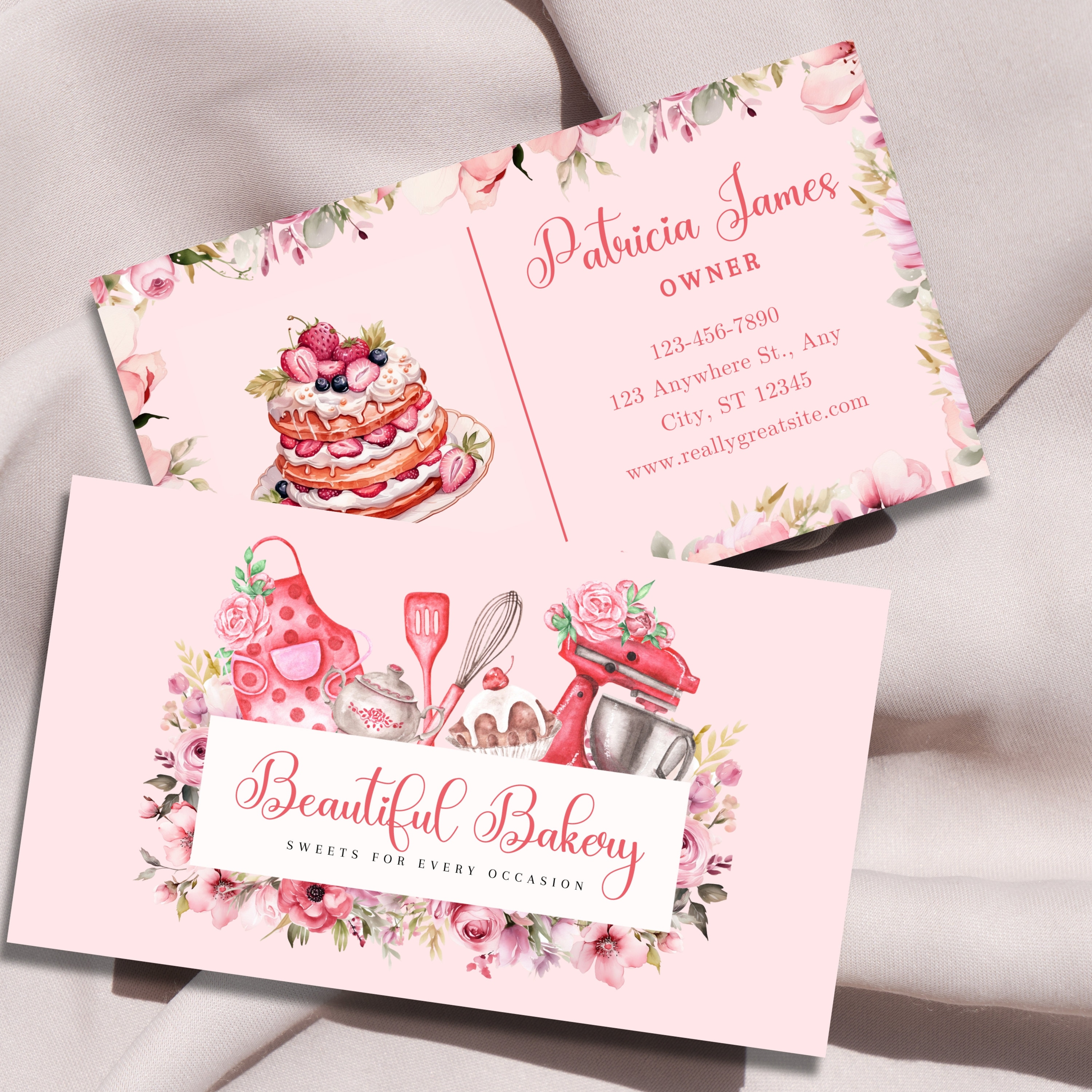 Tarjeta de visita de panadería, tarjeta de visita editable, tarjeta de visita de pastel, diseño personalizado, tarjeta de visita de cupcake floral, kit de marca, pequeña empresa